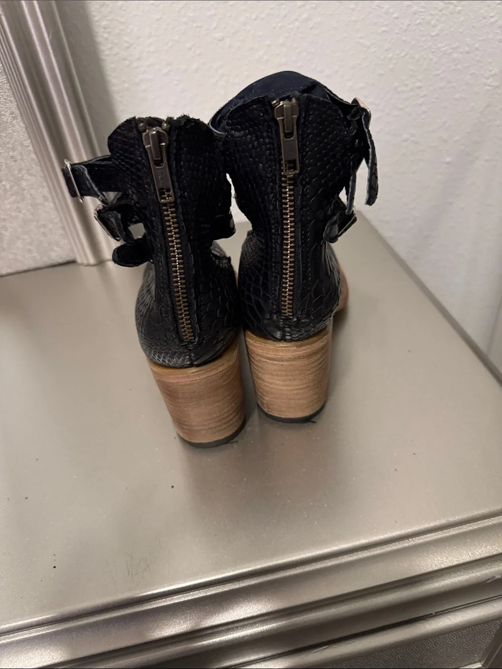 Freebird by Steven Black Faux-Snakeskin Triple-Strap Block Heel Booties - Picture 3 of 4